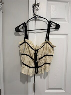 Women’s Cream Ruffle Tie-Shoulder Crop Top with Bow Black Trim